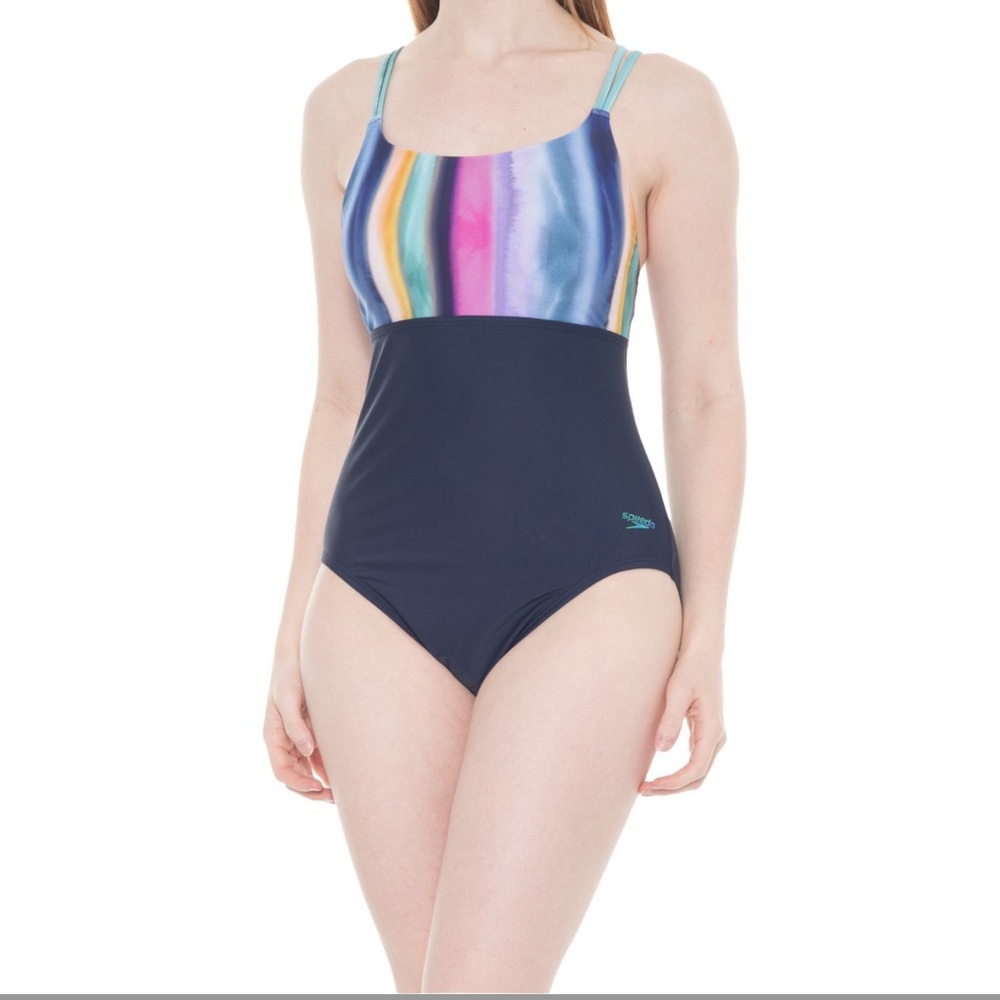 Speedo Women’s Striped Blue Double-Strap One-Piece Swimsuit - UPF 50+